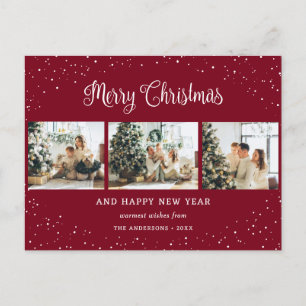 Red 3 Photo Collage Snow Minimalist Holiday Postcard