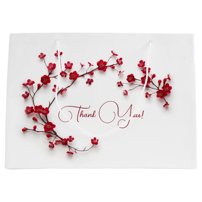 Red 3D Cherry Blossoms White Thank You Large Gift Bag (Front)