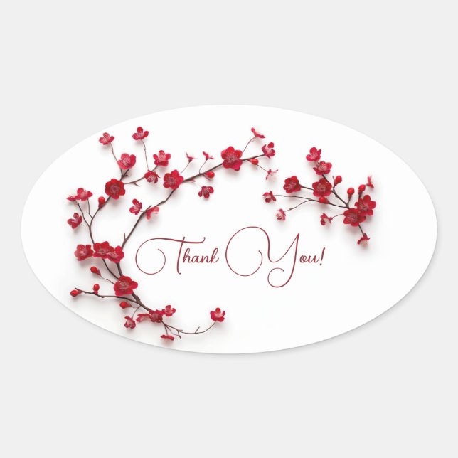 Red 3D Cherry Blossoms White Thank You Oval Sticker (Front)
