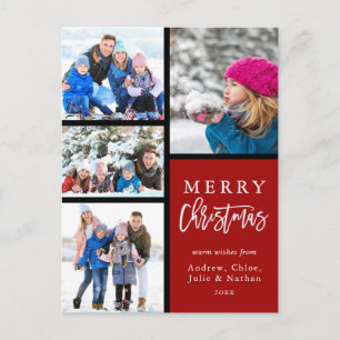 Red 4 Photo Collage Modern Merry Christmas Holiday Postcard