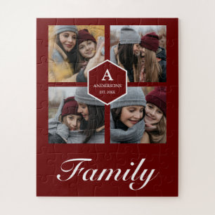 Red 4 Pictures Family Photo Collage Name Jigsaw Puzzle
