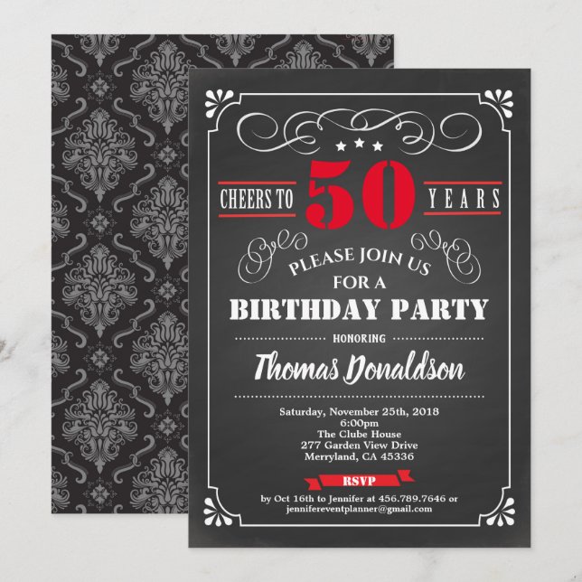 Red 50th birthday party chalkboard retro invitation (Front/Back)