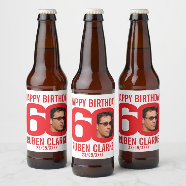 Red 60th Birthday custom photo name label (Bottles)