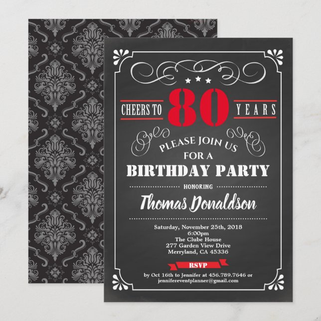 Red 80th birthday party chalkboard vintage invitation (Front/Back)