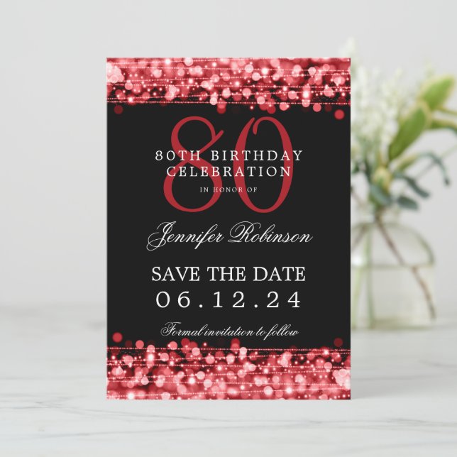 Red 80th Birthday Save the Date w/ Details Invitation (Standing Front)