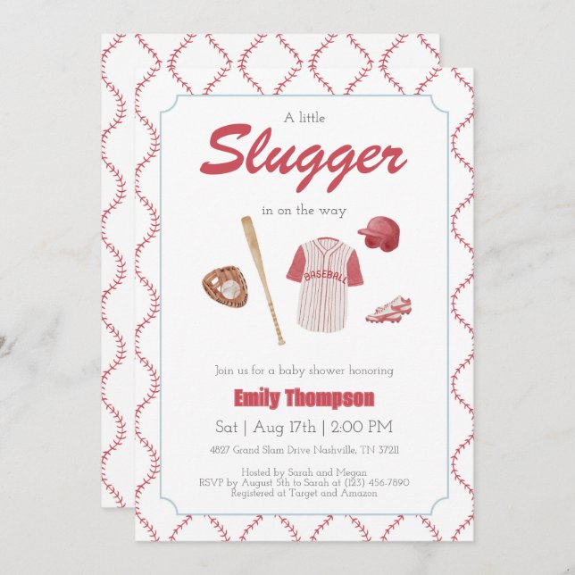 Red A Little Slugger Baby Shower invitation (Front/Back)