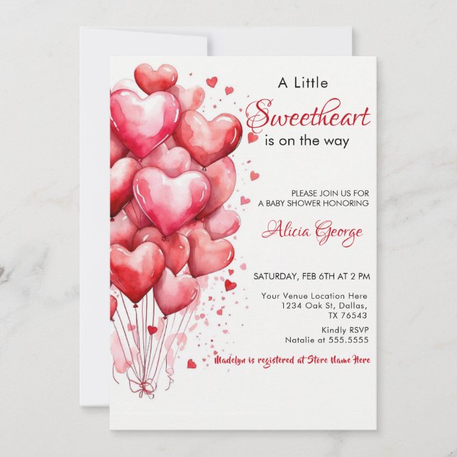 Red A Little Sweetheart Balloons baby shower Invitation (Front)