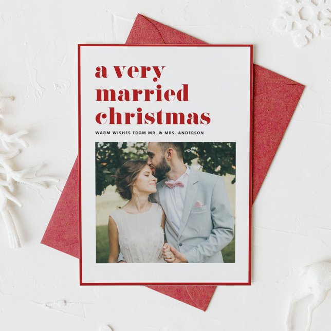 Red A Very Married Christmas Modern Photo Wedding Holiday Card (Creator Uploaded)