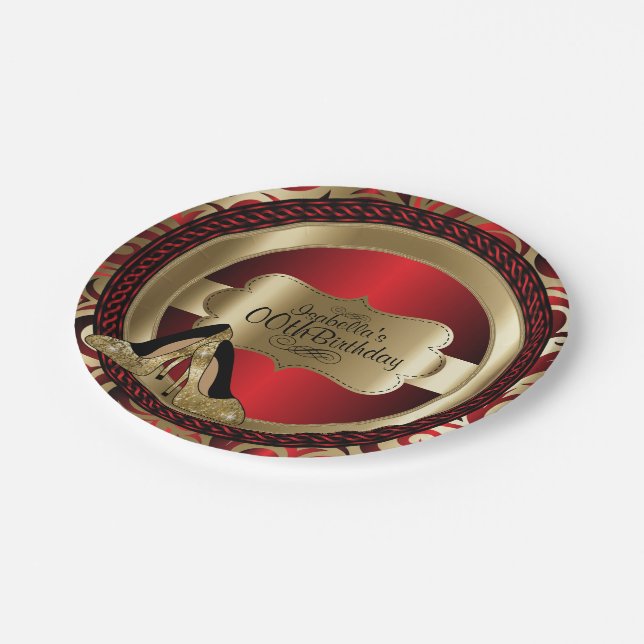 Red Abstract 00th Birthday Gold High Heels Paper Plate (Angled)