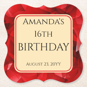 Red Abstract Crystal Design Birthday Custom Text Paper Coaster