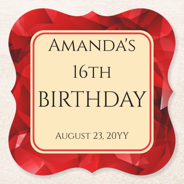 Red Abstract Crystal Design Birthday Custom Text Paper Coaster (Front)