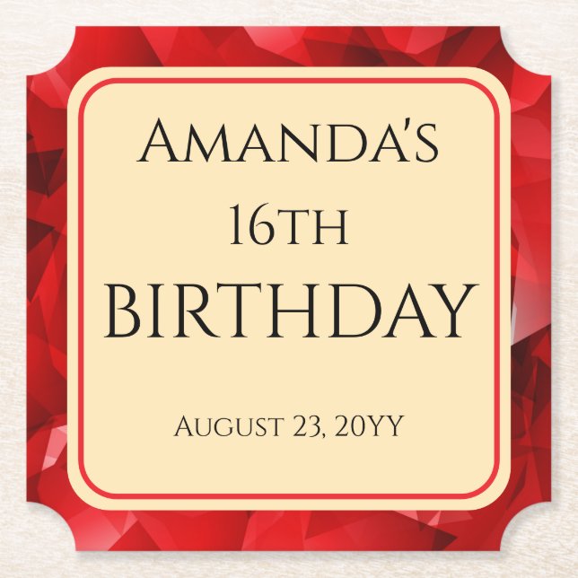 Red Abstract Crystal Design Birthday Custom Text Paper Coaster (Front)