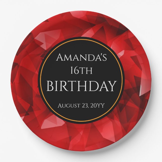 Red Abstract Crystal Design Birthday Custom Text Paper Plate (Front)