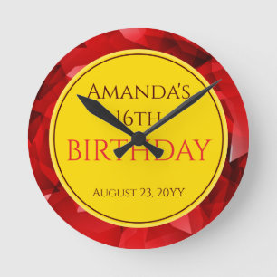 Red Abstract Crystal Design Birthday Custom Text Round Clock