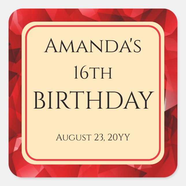 Red Abstract Crystal Design Birthday Custom Text Square Sticker (Front)