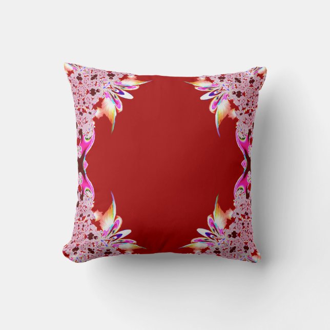 Red Abstract Feathery Throw Pillow (Front)