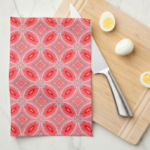 Red Abstract Flower Forms Pattern Tea Towel