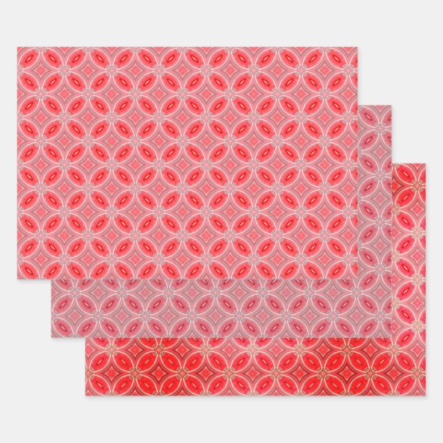 Red Abstract Flower Forms Pattern Wrapping Paper Sheet (Set)