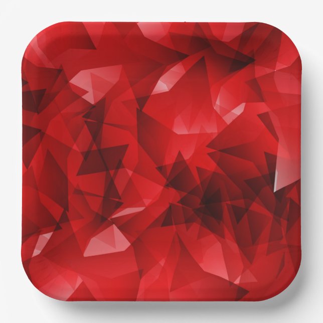 Red Abstract Geometric Crystal Background Paper Plate (Front)