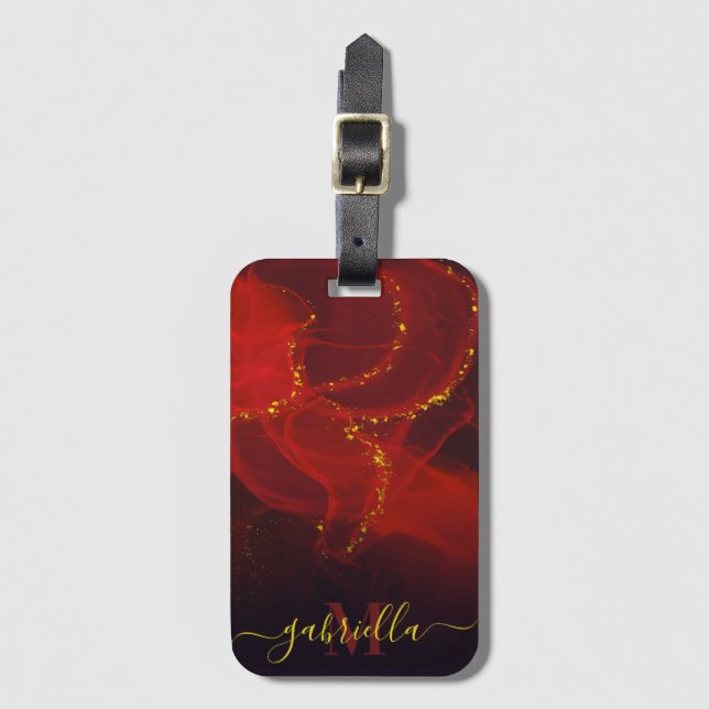 Red Abstract Gold Glitter Luggage Tag (Front Vertical)