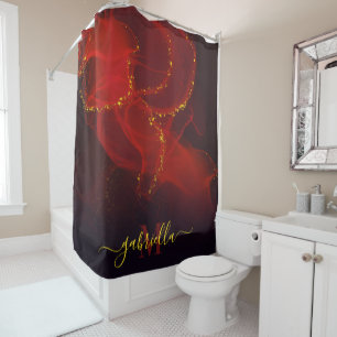 Red Abstract Gold Glitter Shower Curtain