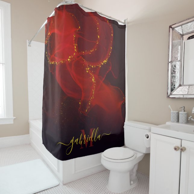 Red Abstract Gold Glitter Shower Curtain (In Situ)