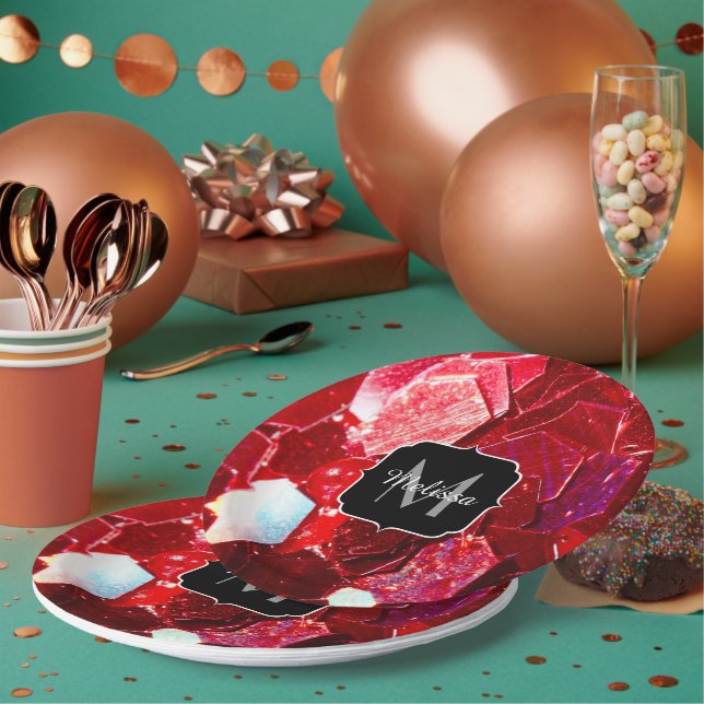 Red abstract mosaic shiny glitter pattern Monogram Paper Plate (Multi)
