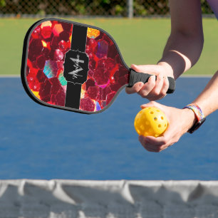 Red abstract mosaic shiny glitter pattern Monogram Pickleball Paddle