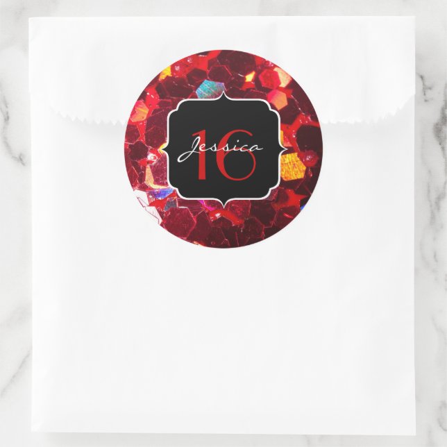 Red abstract mosaic shiny glitter pattern Sweet 16 Classic Round Sticker (Bag)