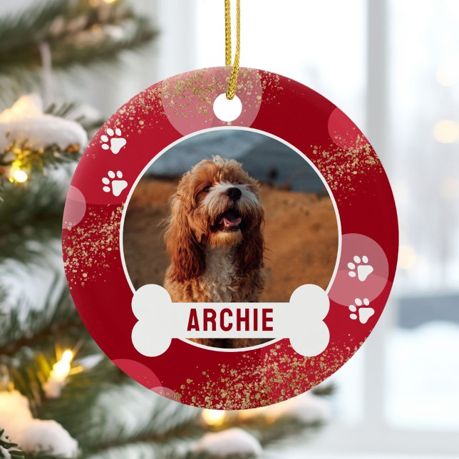 Red Abstract Paw Print Pet Photo Ceramic Tree Decoration (Creator Uploaded)