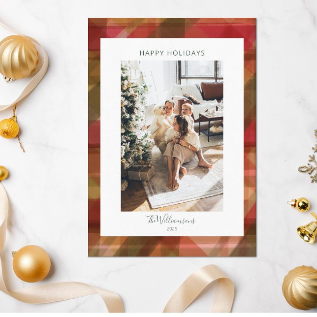 Red Abstract Plaid Rustic Two 2 Photo Christmas   Holiday Card (Creator Uploaded)