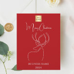 Red abstract reindeer business Christmas card<br><div class="desc">Red background,  and a white abstract one line reindeer.  Personalise and add a your business logo,  name and year. Text: Merry Christmas. 

Back: add your message. 

1 sheet = 1 invitation printed edge to edge.</div>