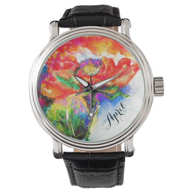 Red abstract watercolor floral flower monogram watch (Front)