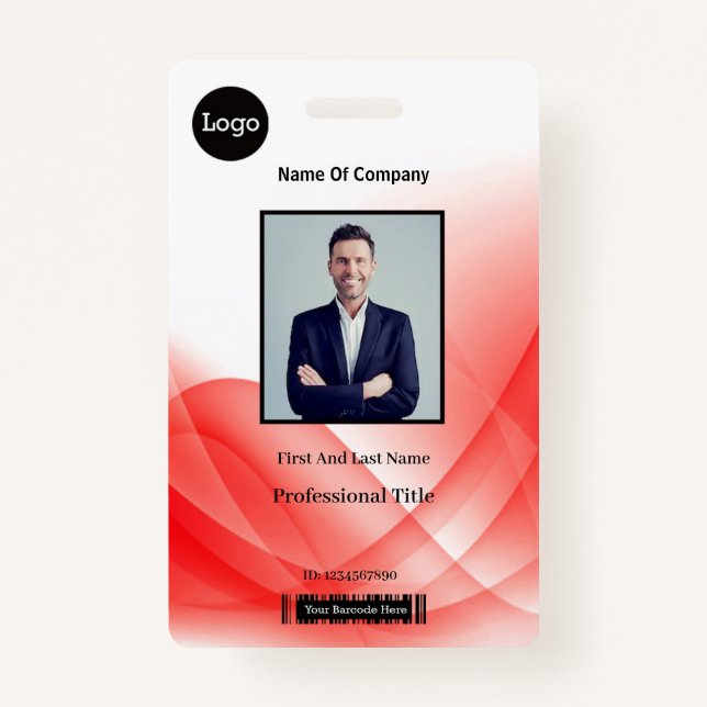 Red Abstract Wave Business Photo ID ID Badge (Front)