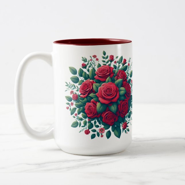 Red Accent With Red Roses Pattern Two-Tone Coffee Mug (Left)