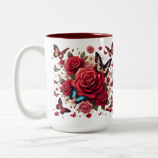 Red Accent With Red Roses Two-Tone Coffee Mug (Left)