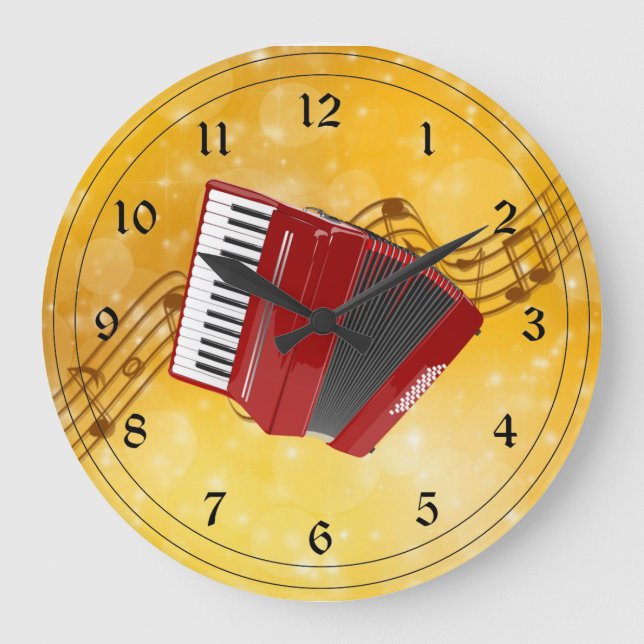 Red Accordion and Musical Notes Large Clock (Front)