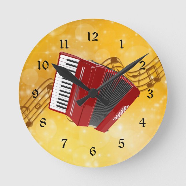 Red Accordion and Musical Notes Round Clock (Front)
