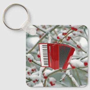 Red Accordion - Berries in the Snow Background Key Ring