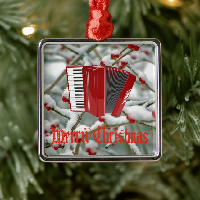 Red Accordion - Berries in the Snow Background Metal Tree Decoration (Tree)