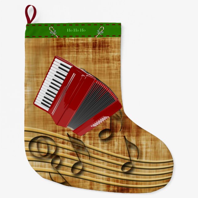 Red accordion, black notes, gold background large christmas stocking (Front)
