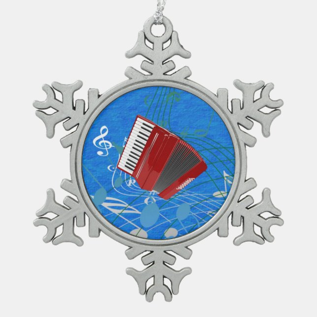 Red Accordion, Blue Musical Background, Snowflake Pewter Christmas Ornament (Front)