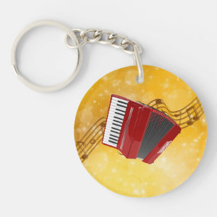 Red Accordion, Musical Notes on Gold Background Key Ring