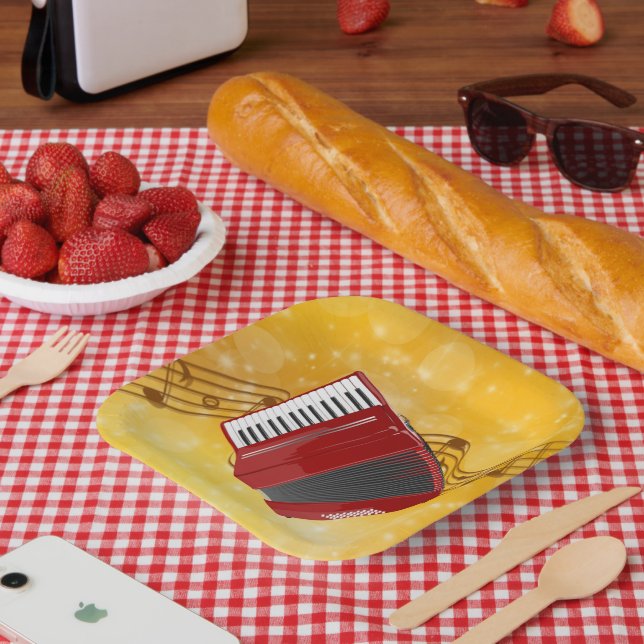 Red Accordion, Musical Notes on Gold Background Pa Paper Plate (Picnic)