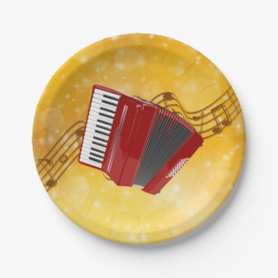 Red Accordion, Musical Notes on Gold Background Paper Plate