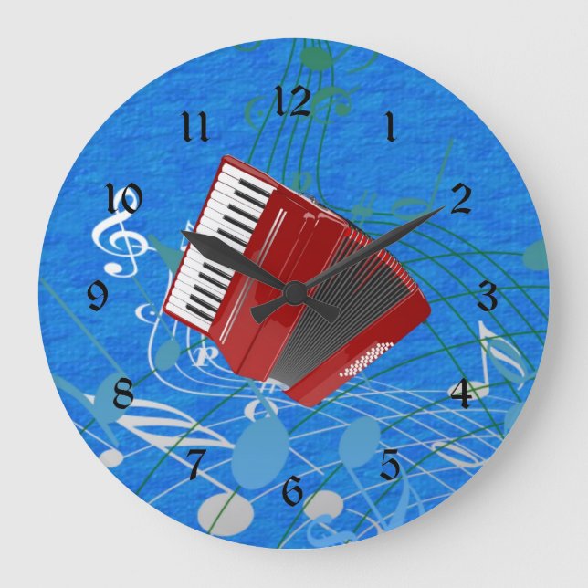 Red Accordion on Musical Notes Large Clock (Front)