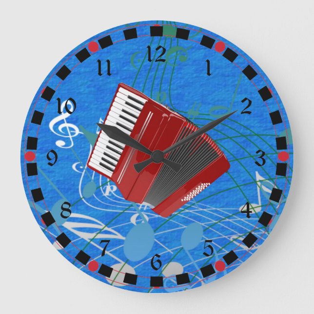 Red Accordion on Musical Notes Large Clock (Front)