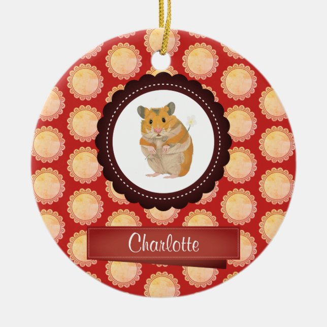 Red Add Your Name Hamster Ceramic Tree Decoration (Front)
