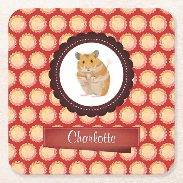 Red Add Your Name Hamster Square Paper Coaster (Front)