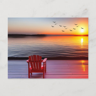 Red Adirondack Chair On a Dock Postcard